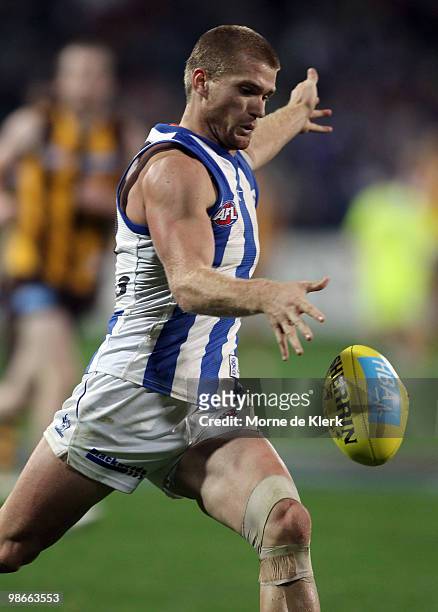 Leigh Adams of the Kangaroos kicks the ball during the round five AFL match between the Hawthorn Hawks and the North Melbourne Kangaroos at Aurora...