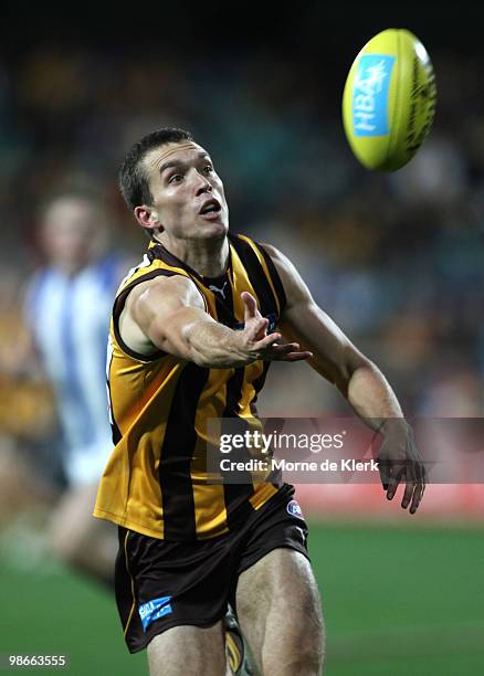 Clinton Young of the Hawks goes for a mark during the round five AFL match between the Hawthorn Hawks and the North Melbourne Kangaroos at Aurora...