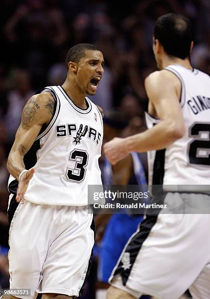 Guard George Hill of the San Antonio Spurs reacts during a 92-89 win against the Dallas Mavericks in Game Four of the Western Conference...