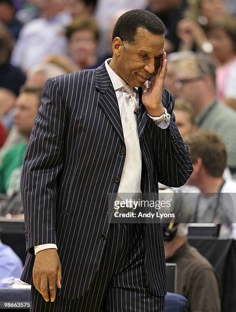 Adrian Dantley the acting Head Coach of the Denver Nuggets reacts to a call that went against the Nuggets against the Utah Jazz during Game Four of...