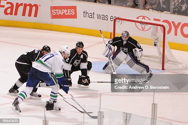Ryan Kesler of the Vancouver Canucks takes the shot against Jonathan Quick of the Los Angeles Kings in Game Six of the Western Conference...