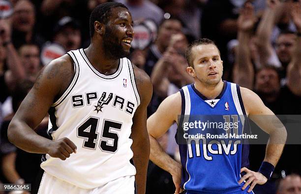 Center DeJuan Blair of the San Antonio Spurs reacts in front of Jose Juan Barea of the Dallas Mavericks in Game Four of the Western Conference...