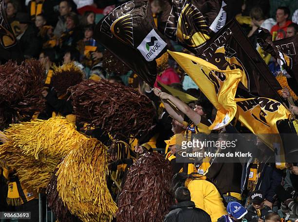 Suporters of the Hawks get behind their team during the round five AFL match between the Hawthorn Hawks and the North Melbourne Kangaroos at Aurora...