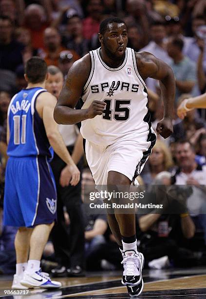 Center DeJuan Blair of the San Antonio Spurs reacts during a 92-89 win against the Dallas Mavericks in Game Four of the Western Conference...