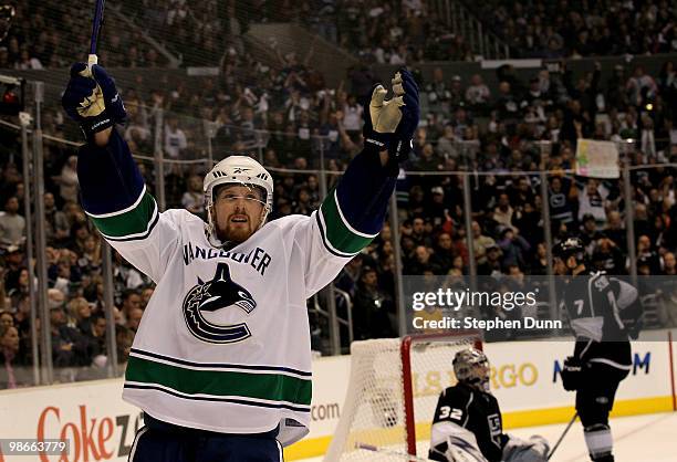 Daniel Sedin of the Vancouver Canucks celebrates after scoring the go ahead goal against the Los Angeles Kings with 2:03 left in the third peeriod...