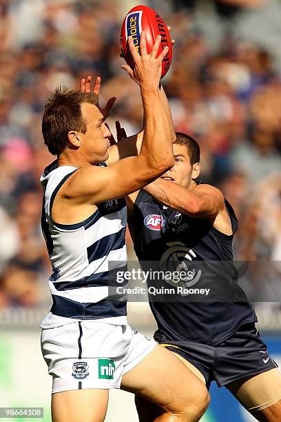 Darren Milburn of the Cats marks during the round five AFL match between the Carlton Blues and the Geelong Cats at Melbourne Cricket Ground on April...