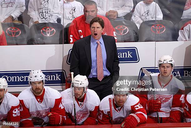 Head coach Mike Babcock of the Detroit Red Wings coaches in Game Five of the Western Conference Quarterfinals against the Phoenix Coyotes during the...