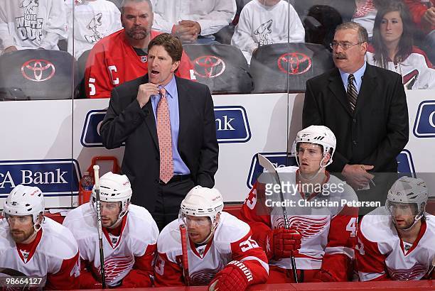Head coach Mike Babcock of the Detroit Red Wings coaches in Game Five of the Western Conference Quarterfinals against the Phoenix Coyotes during the...