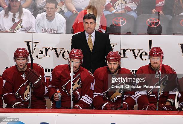 Head coach Dave Tippett of the Phoenix Coyotes coaches in Game Five of the Western Conference Quarterfinals against the Detroit Red Wings during the...