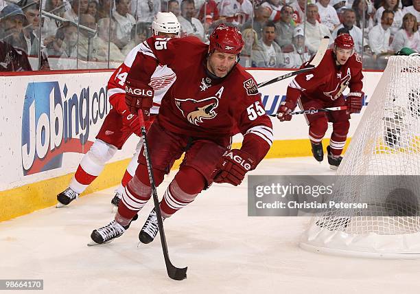 Ed Jovanovski of the Phoenix Coyotes skates with the puck in Game Five of the Western Conference Quarterfinals against the Detroit Red Wings during...