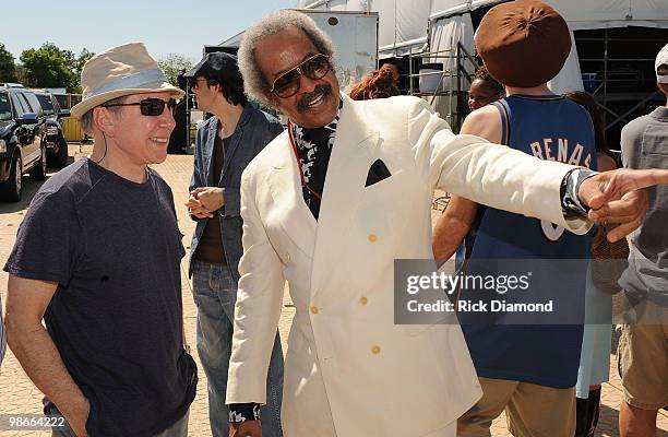 Paul Simon and Allen Toussaint backstage at the 2010 New Orleans Jazz & Heritage Festival Presented By Shell at the Fair Grounds Race Course on April...