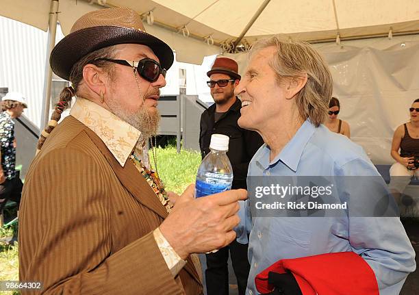 Recording Artists Dr. John and Levon Helm backstage at the 2010 New Orleans Jazz & Heritage Festival Presented By Shell at the Fair Grounds Race...