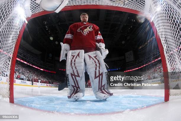 Goaltender Ilya Bryzgalov of the Phoenix Coyotes before Game Five of the Western Conference Quarterfinals against the Detroit Red Wings during the...