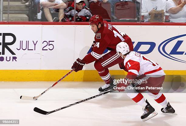 Taylor Pyatt of the Phoenix Coyotes skates with the puck in Game Five of the Western Conference Quarterfinals against the Detroit Red Wings during...