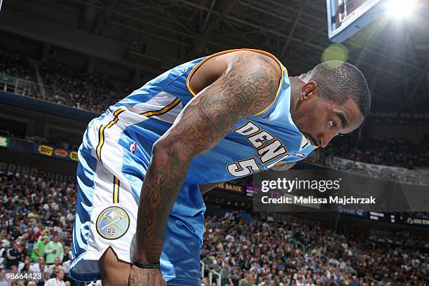 Smith of the Denver Nuggets reacts to a call made by the referee during play against the Utah Jazz in Game Four of the Western Conference...