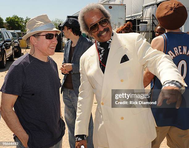 Paul Simon and Allen Toussaint backstage at the 2010 New Orleans Jazz & Heritage Festival Presented By Shell at the Fair Grounds Race Course on April...