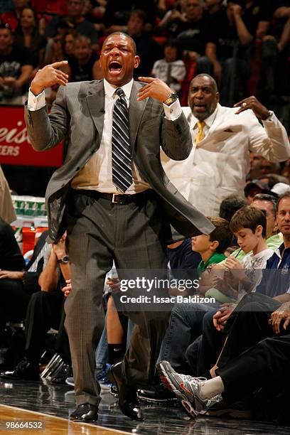 Head Coach of the Boston Celtics Doc Rivers leads his team against the Miami Heat in Game Four of the Eastern Conference Quarterfinals during the...