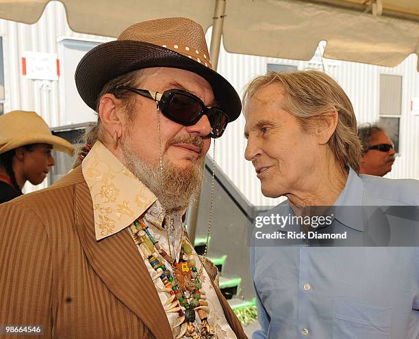 Recording Artists Dr. John and Levon Helm backstage at the 2010 New Orleans Jazz & Heritage Festival Presented By Shell at the Fair Grounds Race...