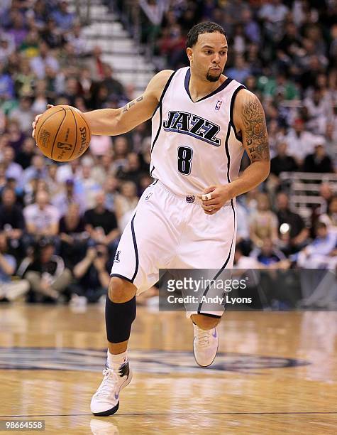 Deron Williams of the Utah Jazz dribbles the ball against the Denver Nuggets during Game Four of the Western Conference Quarterfinals of the 2010 NBA...