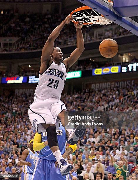 Wesley Matthews of the Utah Jazz dunks the ball against the Denver Nuggets during Game Four of the Western Conference Quarterfinals of the 2010 NBA...