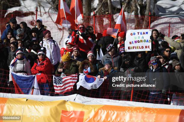 Fans along track during the women's alpine skiing super G event in the Jeongseon Alpine Centre in Pyeongchang, South Korea, 17 February 2018. Photo:...