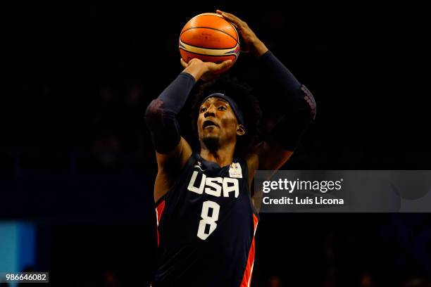 Rashaw Thomas of USA throws the ball during the match between Mexico and USA as part of the FIBA World Cup China 2019 Qualifiers at Gimnasio Juan de...