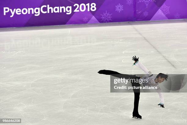 Yuzuru Hanyu from Japan in action during the men's figure skating long program event of the 2018 Winter Olympics in the Gangneung Ice Arena in...