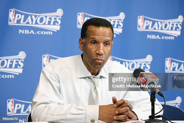 Adrian Dantley Assistant Coach of the Denver Nuggets answers questions during post game interview after losing to the Utah Jazz 117-106 in Game Four...