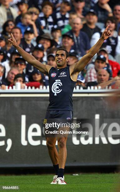 Chris Yarran of the Blues celebrates kicking a goal during the round five AFL match between the Carlton Blues and the Geelong Cats at Melbourne...