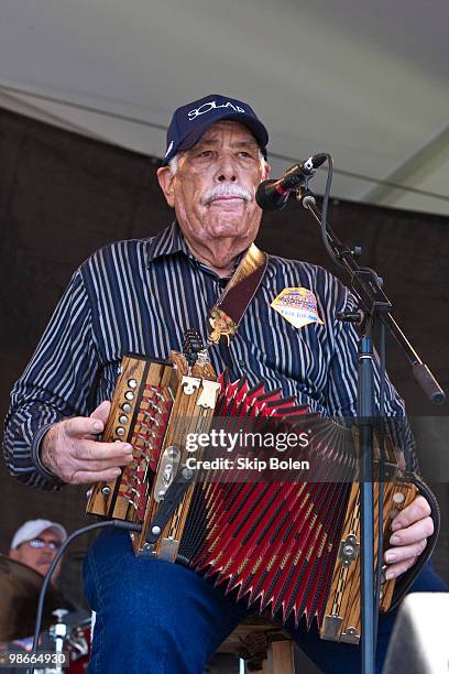 Cajun accordionist Goldman Thibodeaux of Goldman Thibodeaux and the Lawtell Playboys performs during day 3 of the 41st annual New Orleans Jazz &...