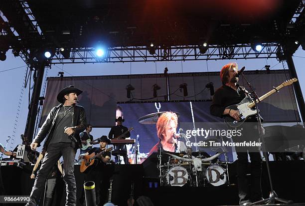 Kix Brooks and Ronnie Dunn of Brooks & Dunn perform as part of the Stagecoach Music Festival at the Empire Polo Fields on April 25, 2010 in Indio,...
