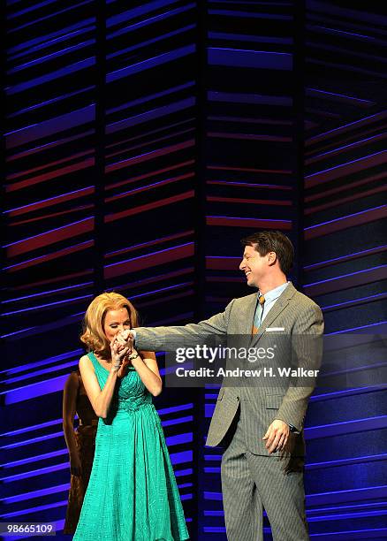 Actors Kristin Chenoweth and Sean Hayes take their curtain call at the Broadway Opening of "Promises, Promises" at Broadway Theatre on April 25, 2010...