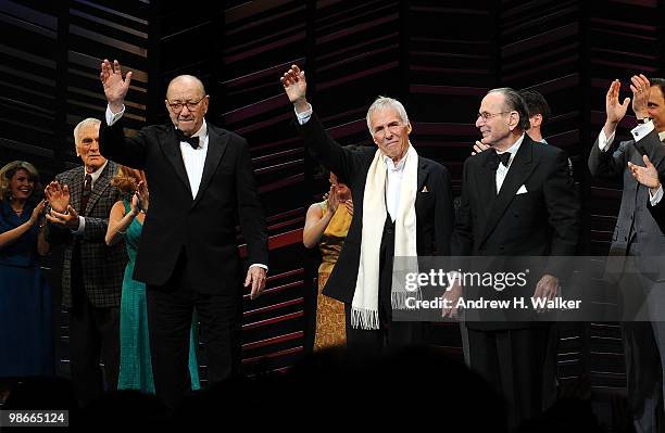 Neil Simon, Burt Bacharach and Hal David take their curtain call at the Broadway Opening of "Promises, Promises" at Broadway Theatre on April 25,...