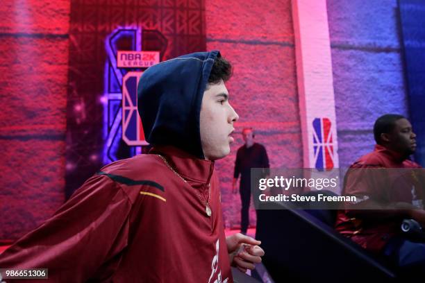 Hood of Cavs Legion Gaming Club reacts during the match against Heat Check Gaming on June 23, 2018 at the NBA 2K League Studio Powered by Intel in...