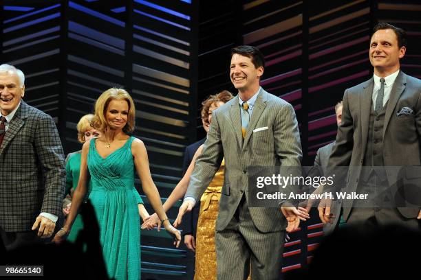 Actors Kristin Chenoweth and Sean Hayes take their curtain call at the Broadway Opening of "Promises, Promises" at Broadway Theatre on April 25, 2010...