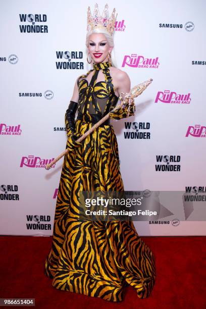 Winner of RuPaul's Dragrace season 10 Aquaria poses for photos after the finale viewing party at Samsung 837 on June 28, 2018 in New York City.