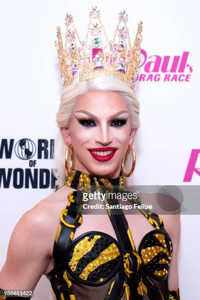 Winner of RuPaul's Dragrace season 10 Aquaria poses for photos after the finale viewing party at Samsung 837 on June 28, 2018 in New York City.
