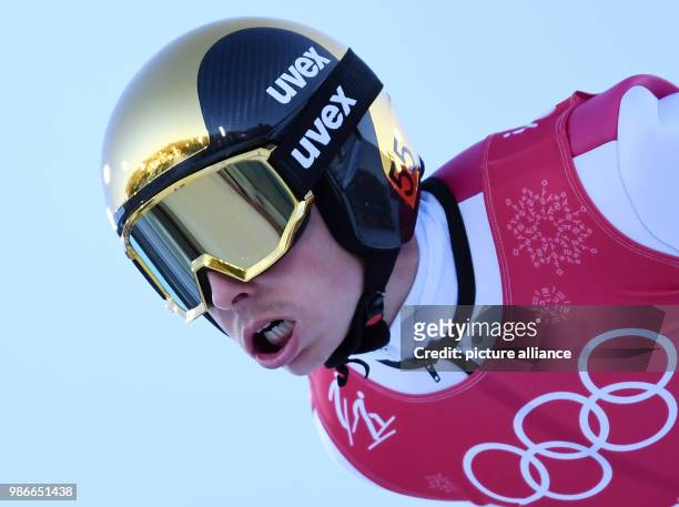Eric Frenzel from Germany flying off the large hill during training for the nordic combined event of the 2018 Winter Olympics in the Alpensia Ski...