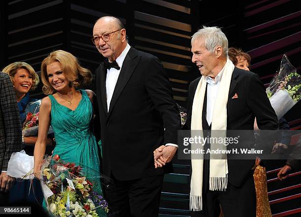 Kristin Chenoweth, Neil Simon and Burt Bacharach take their curtain call at the Broadway Opening of "Promises, Promises" at Broadway Theatre on April...