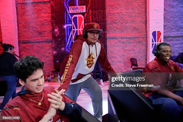 Cavs Legion Gaming Club reacts during the match against Heat Check Gaming on June 23, 2018 at the NBA 2K League Studio Powered by Intel in Long...