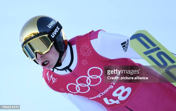 Eric Frenzel from Germany flying off the large hill during training for the nordic combined event of the 2018 Winter Olympics in the Alpensia Ski...