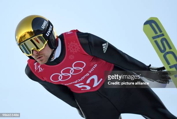 Fabian Riessle from Germany flying off the large hill during training for the nordic combined event of the 2018 Winter Olympics in the Alpensia Ski...