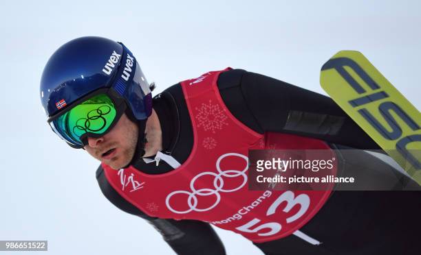Joergen Graabak from Norway flying off the large hill during training for the nordic combined event of the 2018 Winter Olympics in the Alpensia Ski...