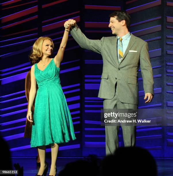 Actors Kristin Chenoweth and Sean Hayes take their curtain call at the Broadway Opening of "Promises, Promises" at Broadway Theatre on April 25, 2010...