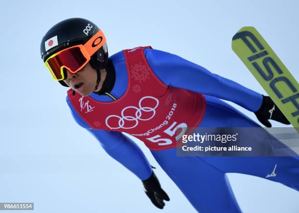 Akito Watabe from Japan flying off the large hill during training for the nordic combined event of the 2018 Winter Olympics in the Alpensia Ski...