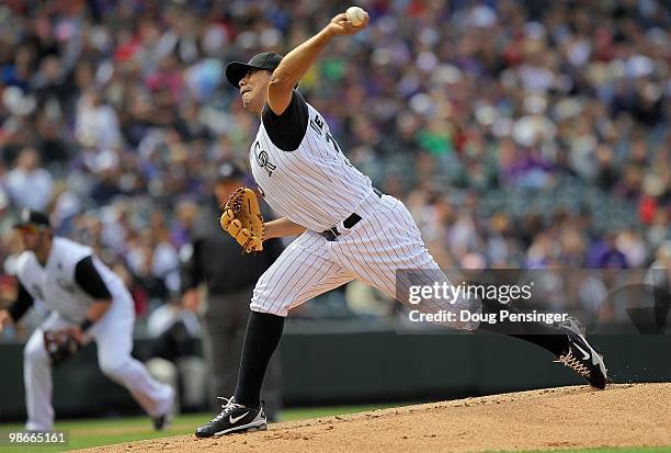 Starting pitcher Jorge De La Rosa of the Colorado Rockies delivers against the Florida Marlins at Coors Field on April 25, 2010 in Denver, Colorado....