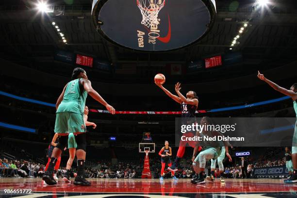 Tierra Ruffin-Pratt of the Washington Mystics goes to the basket against the New York Liberty on June 28, 2018 at Capital One Arena in Washington,...