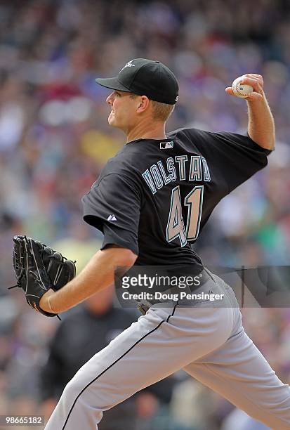 Starting pitcher Chris Volstad of the Florida Marlins delivers against the Colorado Rockies at Coors Field on April 25, 2010 in Denver, Colorado....