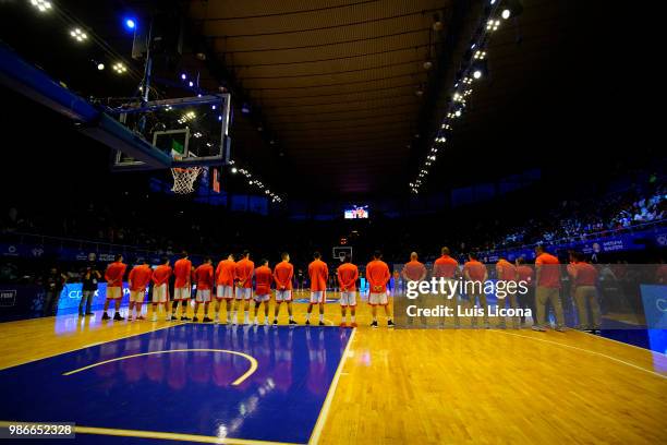 Team of Mexico line up prior to the match between Mexico and USA as part of the FIBA World Cup China 2019 Qualifiers at Gimnasio Juan de la Barrera...