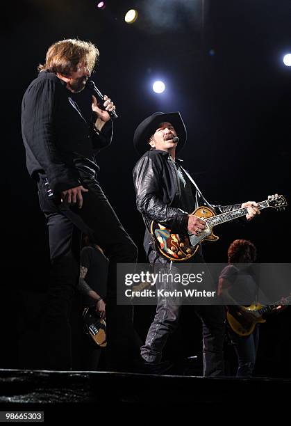 Musicians Ronnie Dunn and Kix Brooks of Brooks & Dunn perform during day 2 of Stagecoach: California's Country Music Festival 2010 held at The Empire...